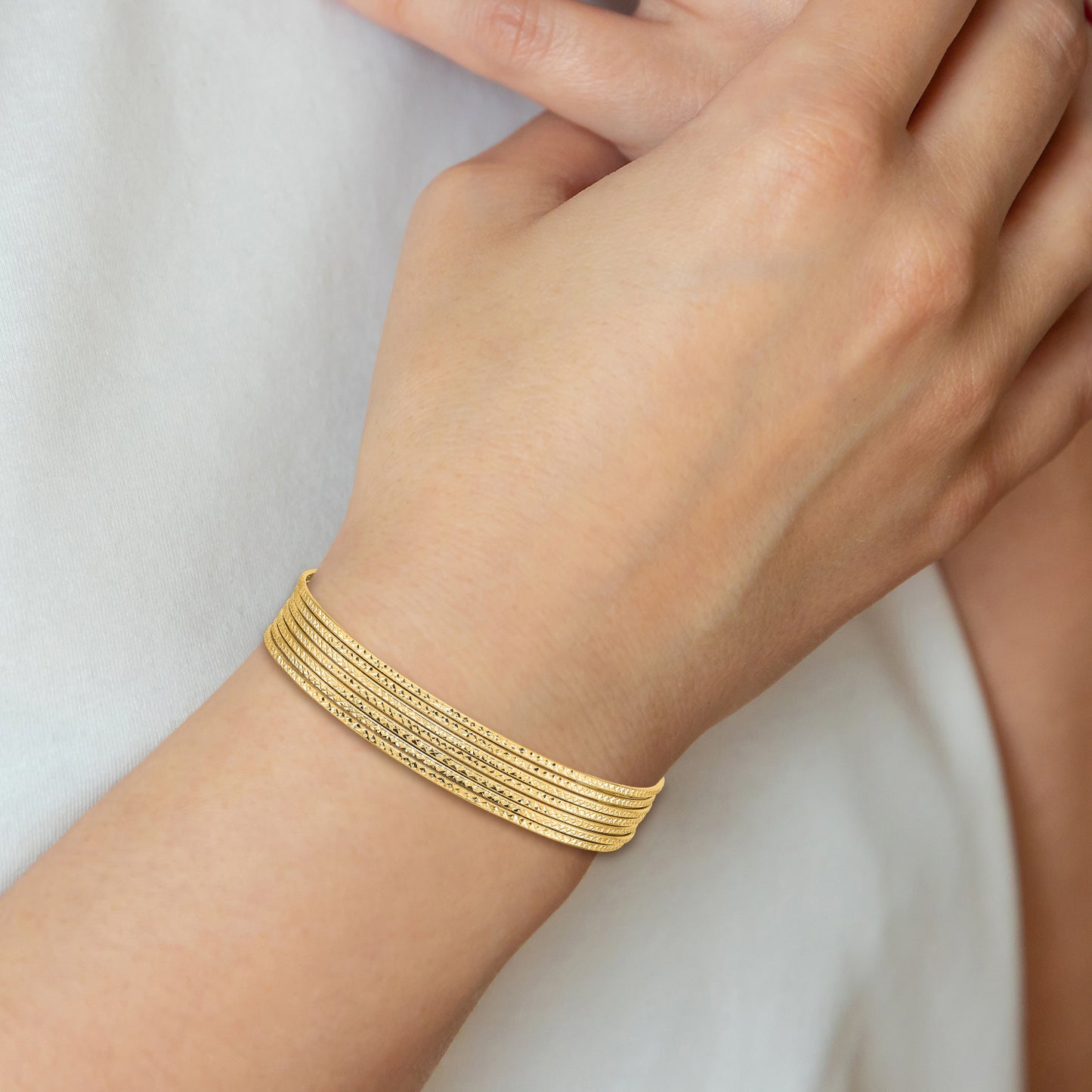 14K Oversize Polished and Textured with Dangle Heart 7-Strand 11.00mm Slip-on Round Bangle Bracelet