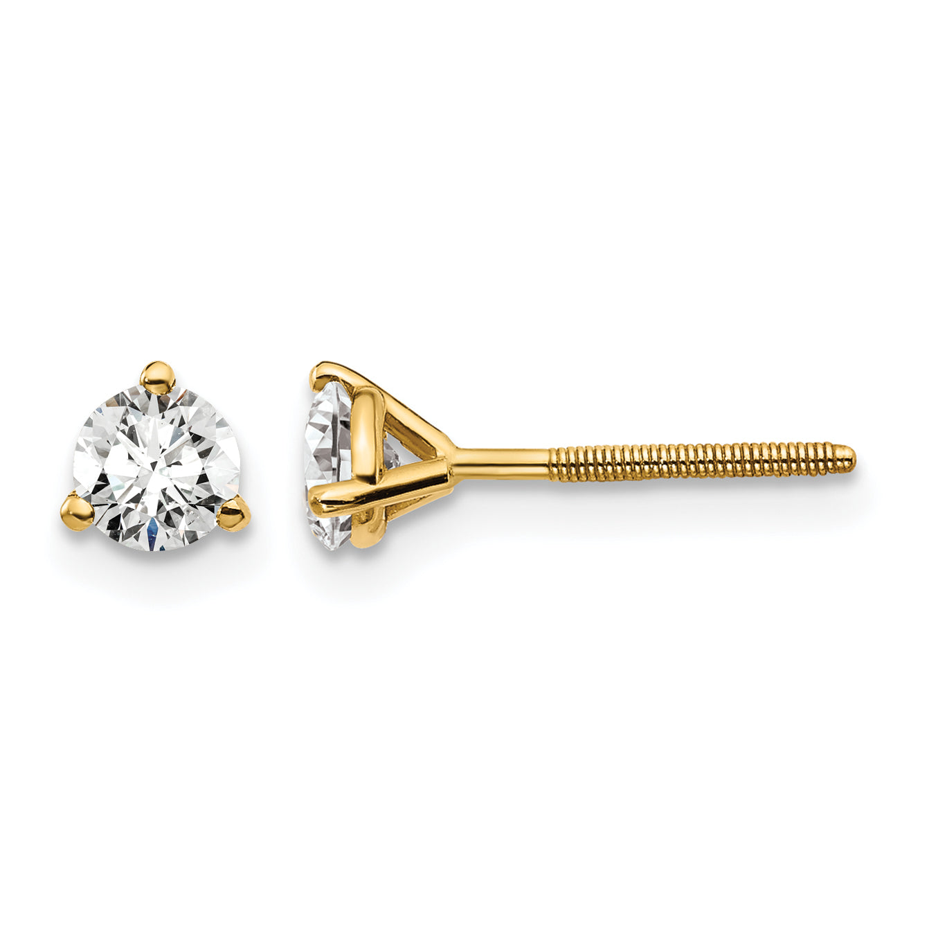 14k 1/2 carat Lab Grown Diamond VS+ F+ Round Complete Three Prong Screwback Stud Earrings