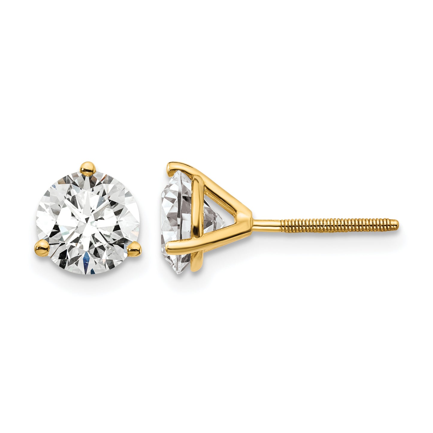 14k 2 1/2 carat Lab Grown Diamond VS+ F+ Round Complete Three Prong Screwback Stud Earrings
