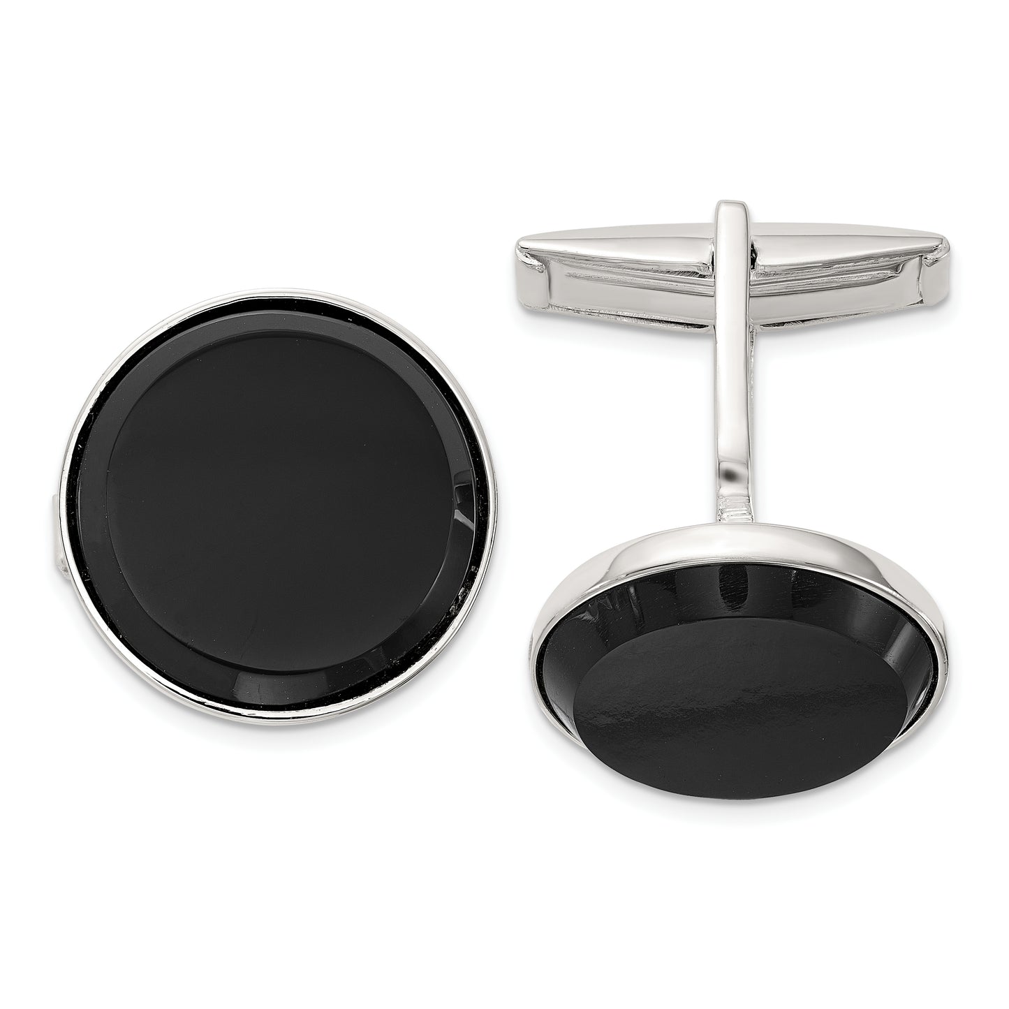 Sterling Silver Polished Round Onyx Cuff Links