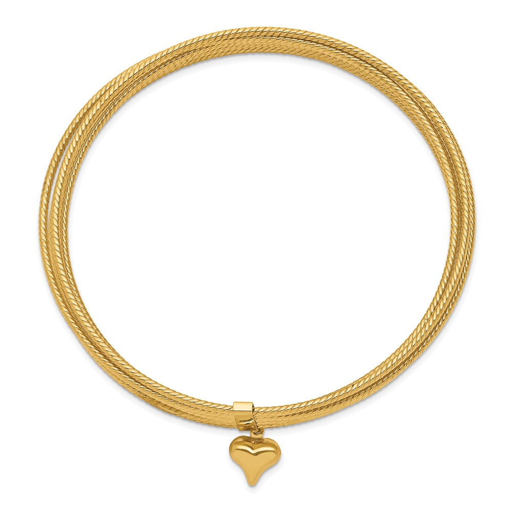 14K Heart Charm Textured Bangle Set