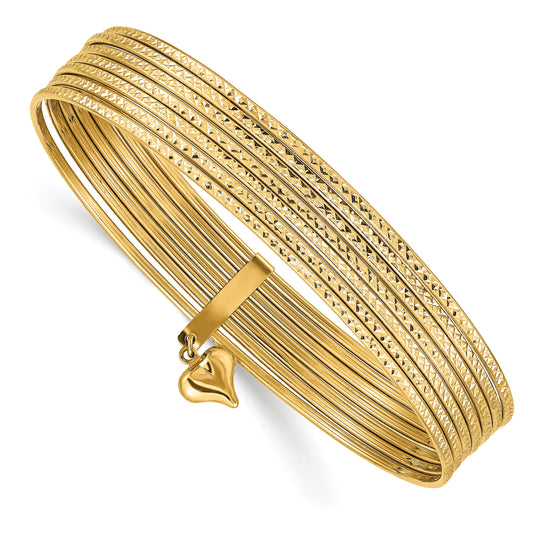 14K Oversize Polished and Textured with Dangle Heart 7-Strand 11.00mm Slip-on Round Bangle Bracelet