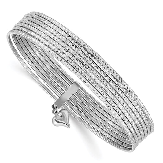 14K White Gold Dangle Heart Textured Bangle Set