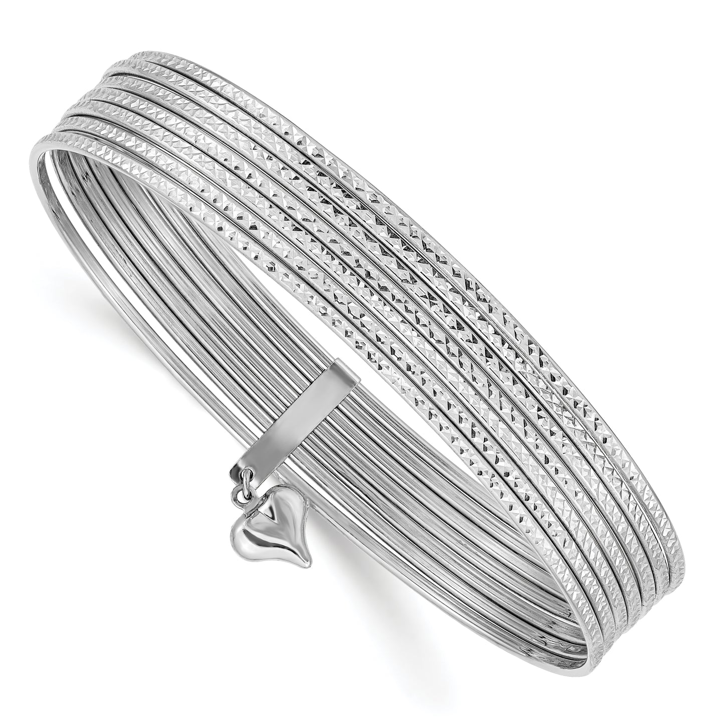 14K Oversize White Gold Polished and Textured with Dangle Heart 7-Strand 11.00mm Slip-on Round Bangle Bracelet