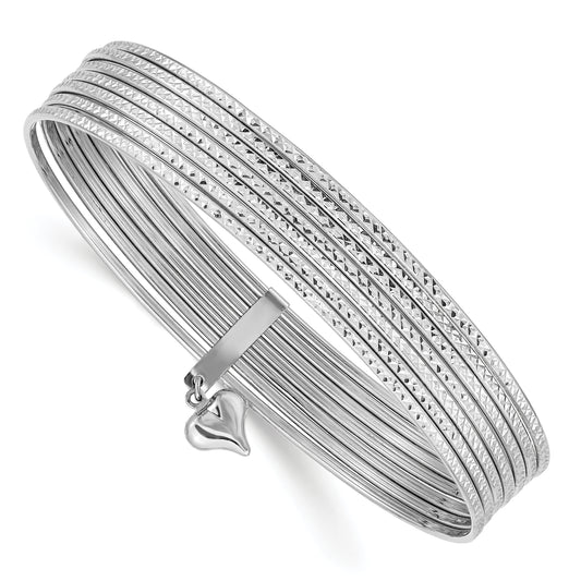14K Oversize White Gold Polished and Textured with Dangle Heart 7-Strand 11.00mm Slip-on Round Bangle Bracelet