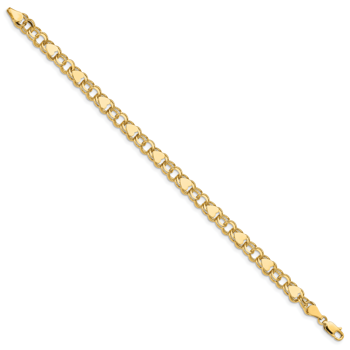 14k 7mm Solid Double Link with Hearts 7 inch Charm Bracelet