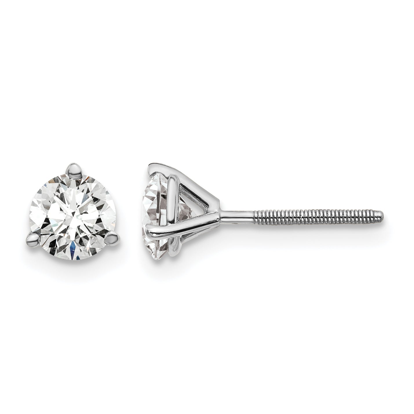 14k White Gold 1 carat Lab Grown Diamond VS+ F+ Round Complete Three Prong Screwback Stud Earrings