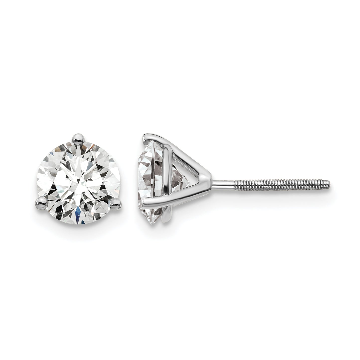 14k White Gold 2 1/2 carat Lab Grown Diamond VS+ F+ Round Complete Three Prong Screwback Stud Earrings