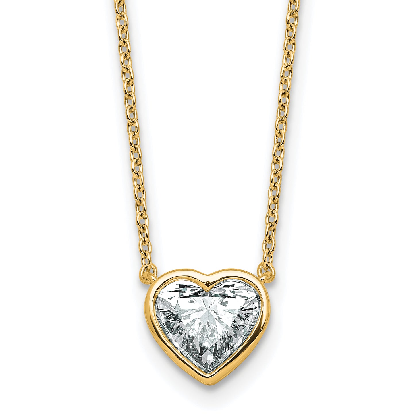 14k 1 1/2 carat Certified Lab Grown Diamond VS+ F+ Heart Complete 18 inch Bezel Set Solitaire Necklace