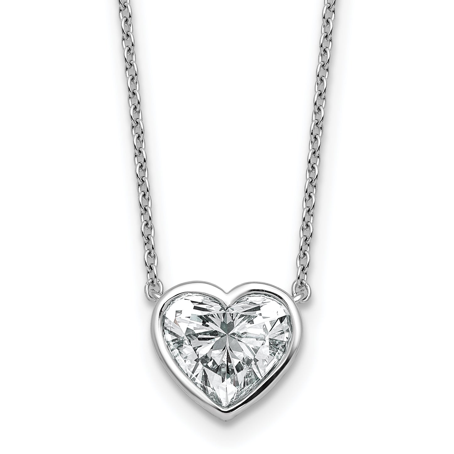 14k White Gold 2 carat Certified Lab Grown Diamond VS+ F+ Heart Complete 18 inch Bezel Set Solitaire Necklace