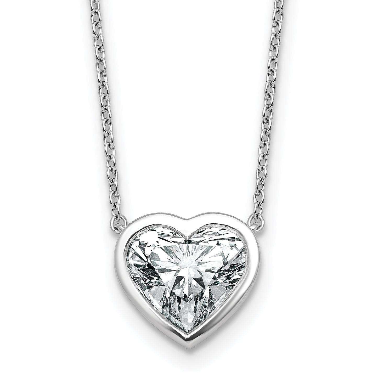 14k White Gold 3 carat Certified Lab Grown Diamond VS+ F+ Heart Complete 18 inch Bezel Set Solitaire Necklace