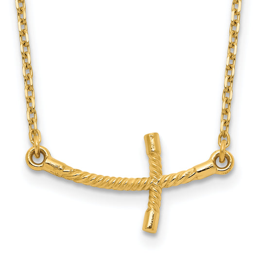 14k Small Sideways Curved Twist Cross 19 inch Necklace